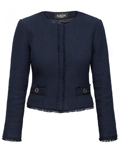 Rumour London Gabrielle Navy Tweed Jacket With Fringing Detail - Blue