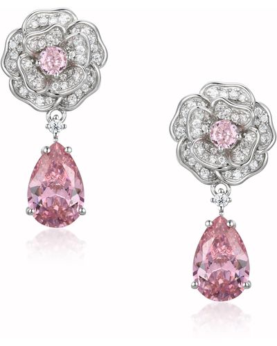Santinni Baroness Flower & Pink Crystal Drop Silver Earrings