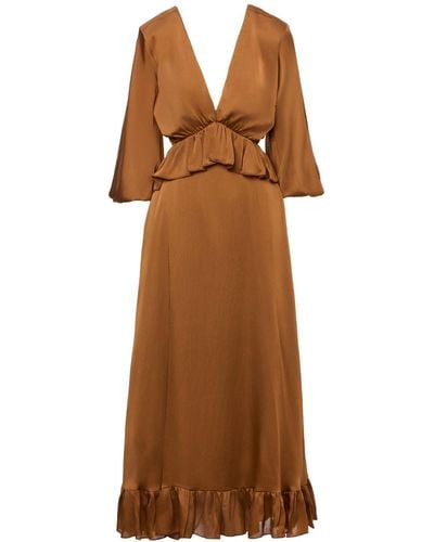 BLUZAT Bronze Midi Dress With V-neckline And Ruffles - Brown