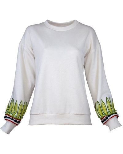 Lalipop Design Off White Sweatshirt With Pleated Back And Embroidery Detail - Blue