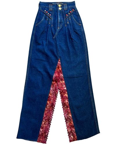 L2R THE LABEL Upcycled Skirt In Blue Denim & Burgundy Lace