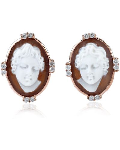 Artisan 18k Rose Gold Pave Diamond Shell Cameos Stud Earrings - Brown