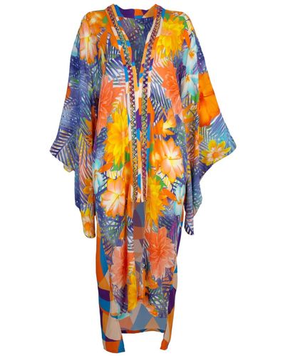Lalipop Design Viscose Kimono With Embroidery & Fringe Details - Orange