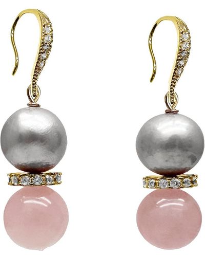 Farra Pink Rose Quartz And Grey Freshwater Pearls Earrings