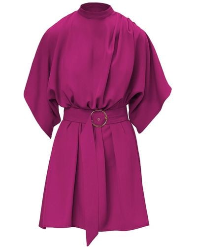 BLUZAT Fuchsia Mini Dress With Pleats And Waist Belt - Purple