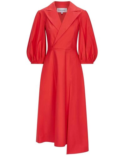 Femponiq Wide Lapel Asymmetric Cotton Dress - Red