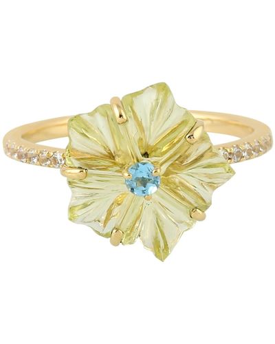 Artisan 18k Yellow Gold Carving Flower Ring Lemon Quartz Gemstone Handmade Jewelry