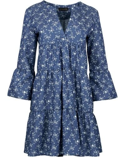 Conquista Indigo Floral A Line Dress With Bell Sleeves - Blue