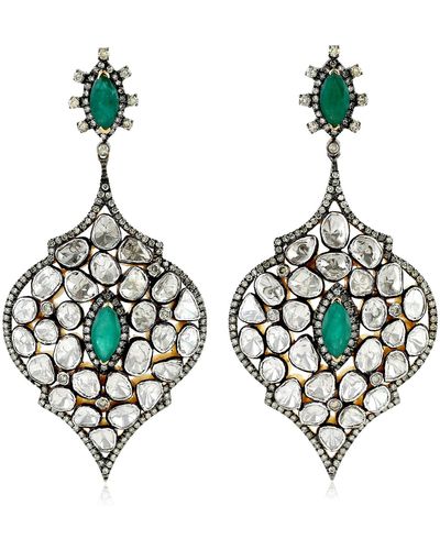 Artisan Natural Diamond Dangle Earrings 925 Silver Emerald 18k Yellow Gold - Green