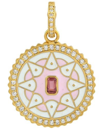 Artisan 14k Gold In Baguette Pink Tourmaline Bezel Set & Pave Diamond Baby Pink Enamel Mandala Pendant - Metallic