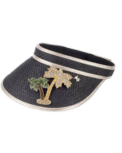 Laines London Straw Woven Visor With Couture Embellished Golden Palm Tree Brooch - Black