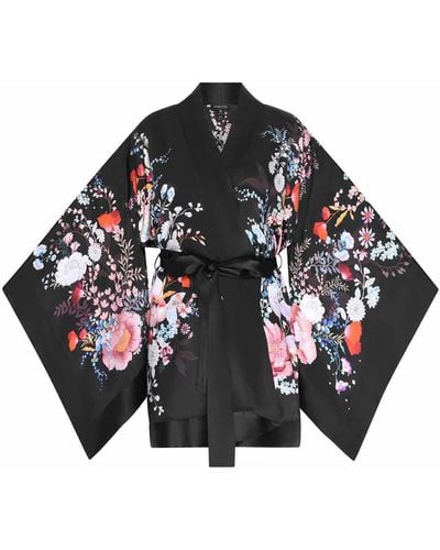 Meng Watercolour Flowers Silk Satin Short Kimono - Black