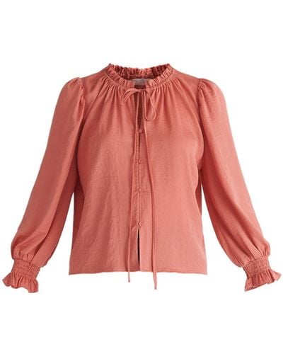 Paisie Ruched Collar Blouse In Coral Pink - Red