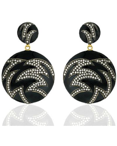 Artisan 14k Solid Gold & 925 Silver With Pave Diamond Enamel Round Dangle Earrings - Black