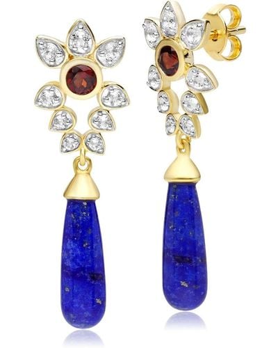 Gemondo Lapis Lazuli, White Topaz & Garnet Floral Dangle Drop Earrings In Gold Plated Sterling Silver - Blue