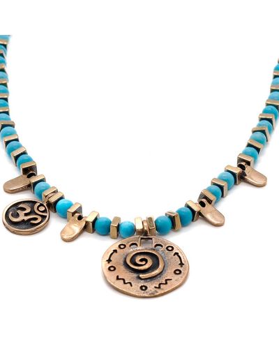 Ebru Jewelry Om & Spiral Charm Turquoise Beaded Choker Necklace - Blue