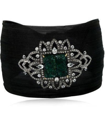 Artisan 18k Gold 925 Silver In Pave Diamond & Carved Emerald With Sapphire Mesh Bangle - Black
