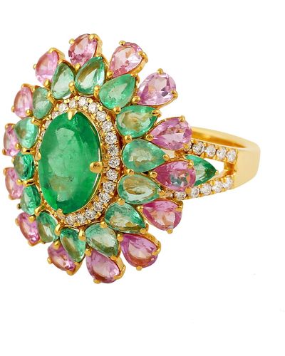 Artisan Natural Emerald & Sapphire Diamond 18k Yellow Gold Flower Cocktail Ring - Green