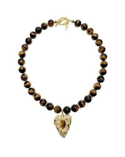 Farra Tiger Eye Stone With Leaf Pendant Chunky Necklace - Black
