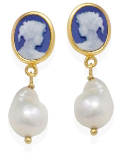 Vintouch Italy Blue Mini Cameo & Pearls Stud Earrings