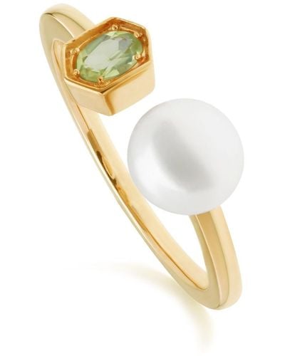 Gemondo Modern Pearl & Peridot Open Ring In Gold Plated Silver - Green