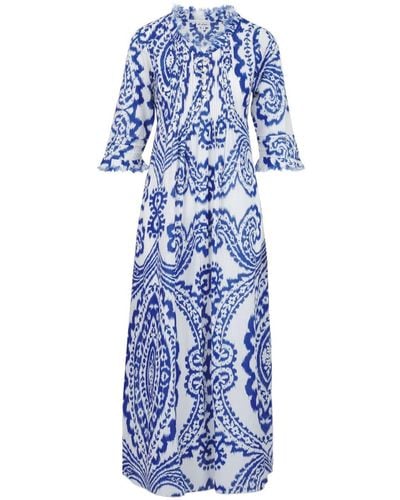 At Last Cotton Annabel Maxi Dress In & White Ikat - Blue