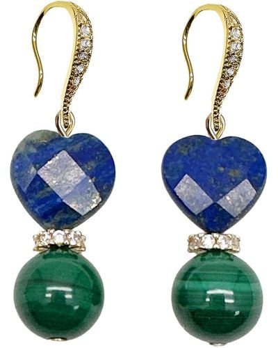 Farra Heart-shaped Lapis With Round Malachite Earrings - Blue
