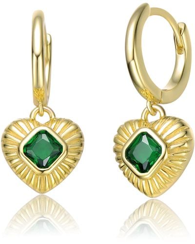 Genevive Jewelry Sterling Silver Yellow Gold Plated With Emerald Cubic Zirconias Dangle Heart huggie Hoop Earrings - Metallic