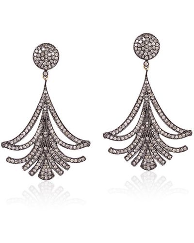 Artisan Oxidized 925 Sterling Silver 14k Gold Studded Diamond Designer Dangle Earrings Jewelry - White
