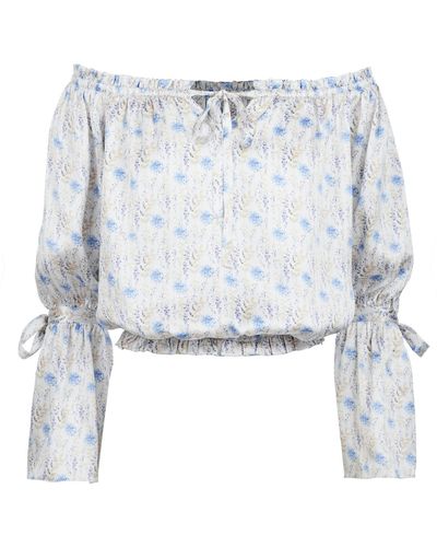 Modallica Ivy Off The Shoulder 100% Organic Peace Silk Blouse With Blue Flowers