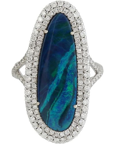 Artisan Oval Cut Opal Doublet & Pave Natural Diamond In 18k White Gold Cocktail Ring - Blue