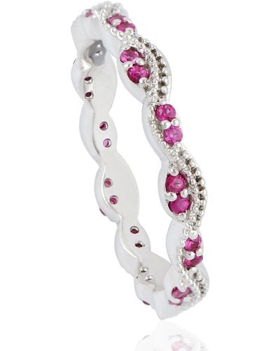 Artisan 18k White Gold In Pink Sapphire Gemstone Wave Shape Band Ring - Metallic