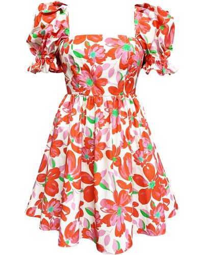 Lavaand The Mia Organic Cotton Mini Dress In Pink Painted Floral - Red