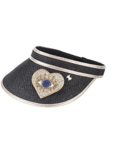 Laines London Straw Woven Visor With Embellished Couture Gold & Blue Heart Eye Brooch - Black