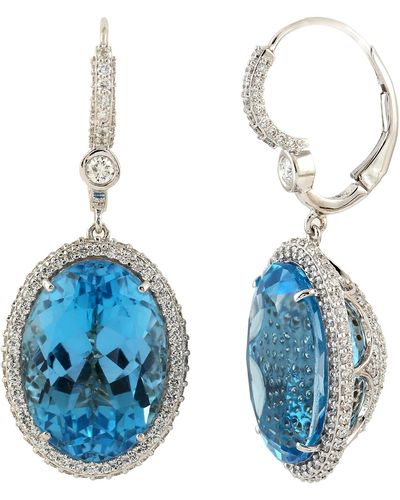 Artisan Oval Cut Blue Topaz & Diamond Halo Set In 18k White Gold Drop/dangle Earrings