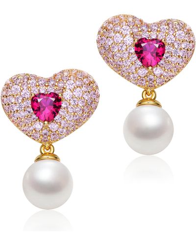 Genevive Jewelry Sterling Silver Gold Plated Ruby Cubic Zirconia & Pearl Heart Drop Butterfly Earrings - Pink