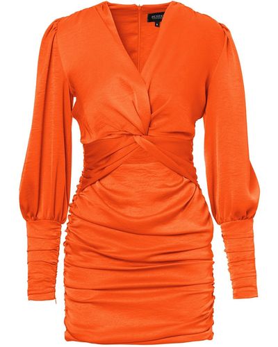 BLUZAT Neon Orange Mini Dress With Knot