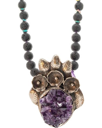 Ebru Jewelry Spiritual Healing Gemstone Amethyst Pendant Black Beaded Necklace - Brown