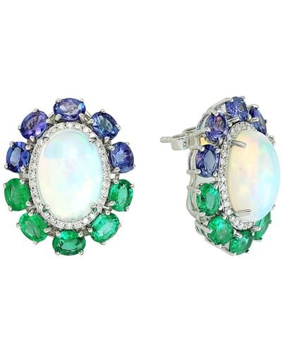 Artisan Ethiopian Opal & Tanzanite With Emerald Pave Diamond In 18k White Gold Fancy Stud Earrings - Blue