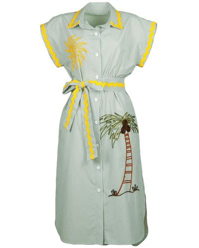 Lalipop Design Pinstripe Cotton Shirtdress With Sun & Palm Tree Embroidery - Green