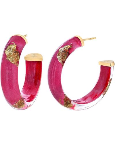 Gold & Honey Gold Leaf Hoop Earrings In Dahlia Purple - Pink