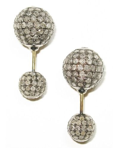 Artisan 18k Gold & Sterling Silver With Pave Diamond Ball Double Side Tunnel Earrings - Metallic