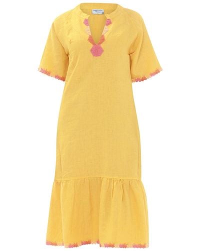 Haris Cotton Lace Insert Midi Linen Dress With Ruffle Hem Crocus -fuchsia - Yellow