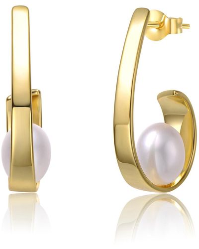 Genevive Jewelry Sterling Silver Yellow Gold Plated White Pearl Half-hoop Drop Earrings - Metallic