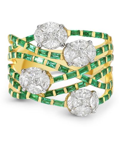 Artisan 18k Yellow Gold Natural Diamond Baguette Emerald Gemstone Band Ring - Green