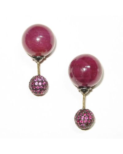 Artisan 14k Gold & Silver With Ruby Pave Bead Ball Double Side Tunnel Earrings - Purple