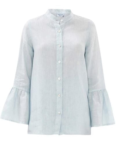 Haris Cotton Mandarin Neck Linen Shirt With Ruffle Sleeves - Blue