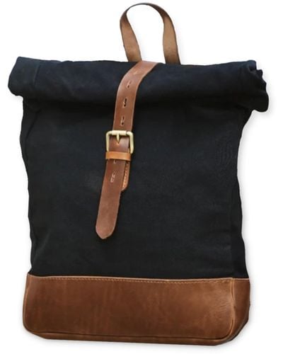 VIDA VIDA Canvas & Leather Roll Top Bag- Black & Tan