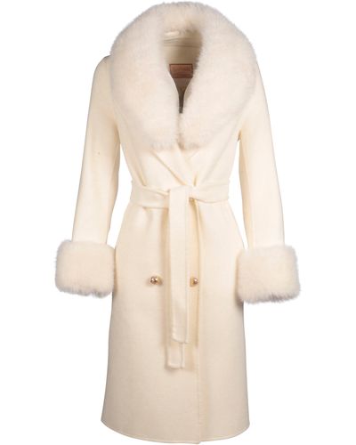 Santinni 'marlene' 100% Cashmere & Wool Coat With Faux Fur In - Natural