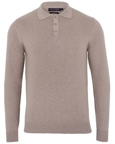 Paul James Knitwear Neutrals Cotton Hall Long Sleeve Knitted Polo Shirt - Gray
